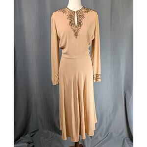 Vintage 1940s Tan Brown Beaded Long Sleeve Midi Dress *FLAWS - READ